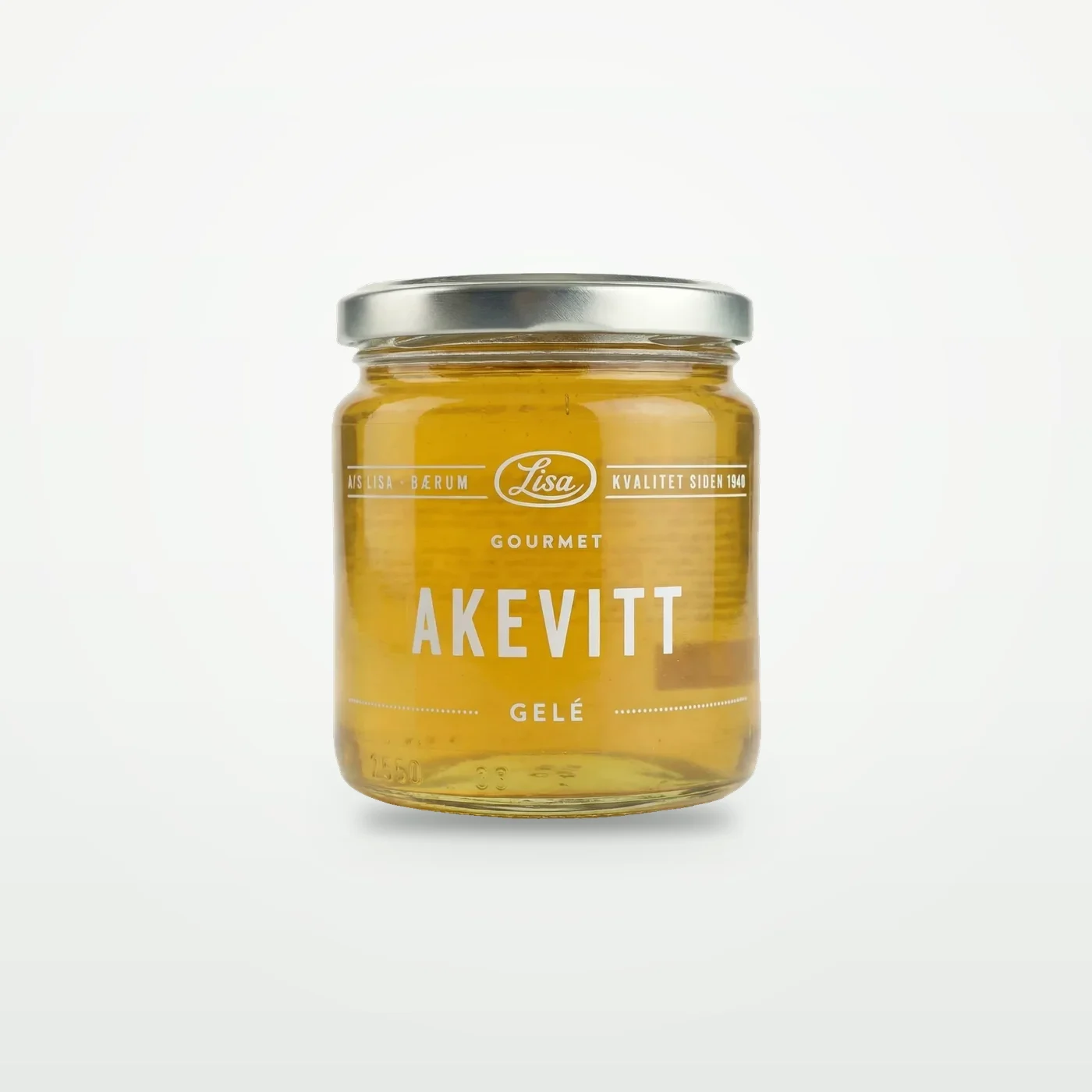 Lite glass med blank, gyllen akevittgelé fra Lisa Gourmet, sett forfra